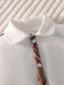 Newborn Baby Pajamas-4 Piece Pajama Set White Plaid Trim Collared Long Sleeve Footed Romper Hat Bib Blanket Classic Elegant Gender Neutral Four Seasons Everyday Wear Special Occasion Holiday 2026 Must Have Premium Heirloom Quality Gift - White - View 5