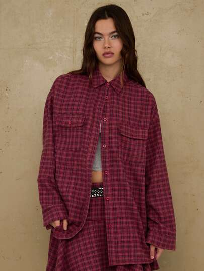COUREZ Áo sơ mi flannel kẻ caro tay dài dáng rộng/ Phong cách Y2K mùa xuân, màu đỏ grunge, ấm áp, thích hợp đi chơi, dự tiệc, lễ hội.