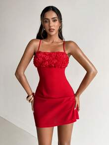 Aloruh Women's Valentine's Day Solid Red 3D Rose Floral Bodycon A-Line Cami Mini Dress - Red - View 1