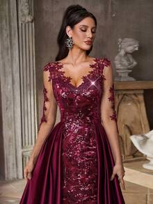 Aureia Elegant Black Beaded Sequin Patchwork Satin Sheer Long Sleeve V-Neck Fishtail Maxi Dress With Flowing Train,Perfect For Formal Weddings,Parties,Galas - Burgundy - View 3