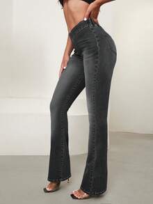 SHEIN Essnce Quần jean Eo chồng lên Bootcut Leg - màu đen - Xem 3