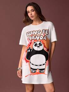 Kung Fu Panda X SHEIN Đầm ngủ tay ngắn in chữ và hình gấu trúc hoạt hình dành cho nữ, kiểu dáng thường ngày, thích hợp cho mùa hè. - trắng - Xem 1