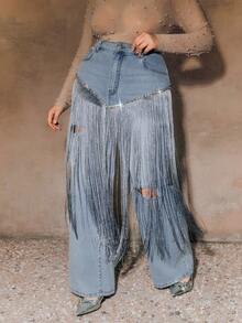 Anewsta New Fashionable Heavy Fringe Diamond Embellished Blue Straight Leg Jeans For Women - Blue - View 1