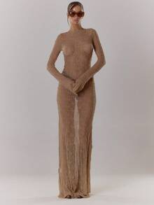 MUSERA 船领薄纱蕾丝修身喇叭下摆长袖连衣裙，适合春夏度假海滩游泳，优雅可爱性感波西米亚风，适合婚礼宾客、生日派对、伊比沙岛假日婚礼宾客、约会之夜、朋克派对等场合。 - 棕色 - 查看 3