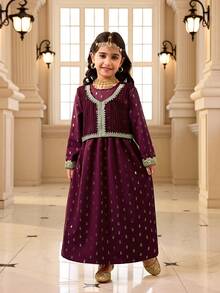 2 piezas Vestido burdeos para niñas, hecho de tela delicada con detalles dorados, diseño de cuello redondo con bordado dorado exquisito en los puños, vestido largo con parte superior a juego, adecuado para festivales, eventos con temática, ligero para primavera/verano/otoño - Burdeos - Ver 4