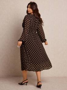 Elaquor 大码女式波点印花圆领灯笼袖休闲连衣裙 - 咖啡棕 - 查看 2