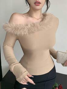 DAZY Women's Fuzzy Fur Collar Patchwork Oblique Shoulder Long Sleeve T-Shirt, Suitable For Autumn/Winter, New Year, Christmas Y2k - Khaki - View 6