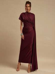 SHEIN BAE Elegant Sleeveless Wrap Dress, Solid Deep Wine Red, Fitted Ruched, Spring/Summer - Burgundy - View 3