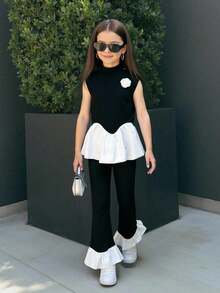 Firerie Kids 少女春夏新款优雅时尚休闲黑色无袖上衣（白色下摆）+黑色喇叭裤两件套 - 黑與白 - 查看 1