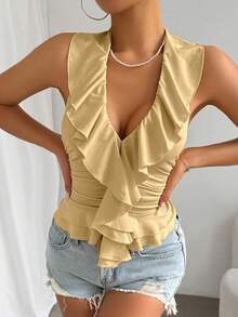 Glamine 女士纯色露背系带荷叶边拼接褶皱时尚派对吊带衫 - 卡其色 - 查看 5