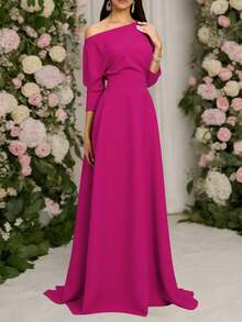 Vestido Largo Elegante Para Dama – Corte Off Shoulder, Manga Asimétrica, Cintura Alta Estilizada y Falda Fluida Tipo Gala - Rosa Fucsia - Ver 1