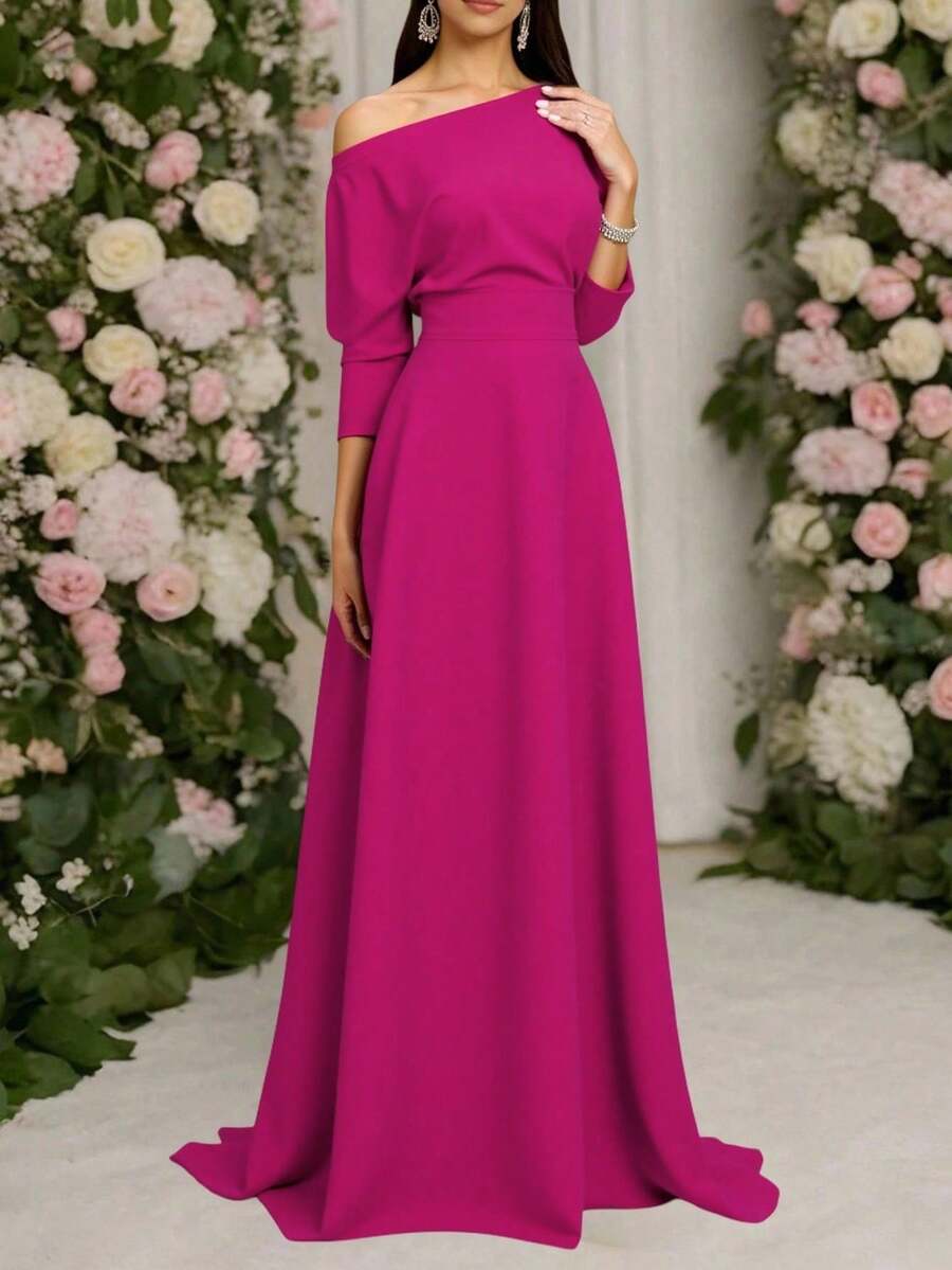 Vestido Largo Elegante Para Dama – Corte Off Shoulder, Manga Asimétrica, Cintura Alta Estilizada y Falda Fluida Tipo Gala - Rosa Fucsia - Ver 1
