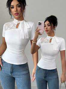 Elenzga Elegant Contrast Lace Hollow Bow Tie Short Sleeve T-Shirt - White - View 1