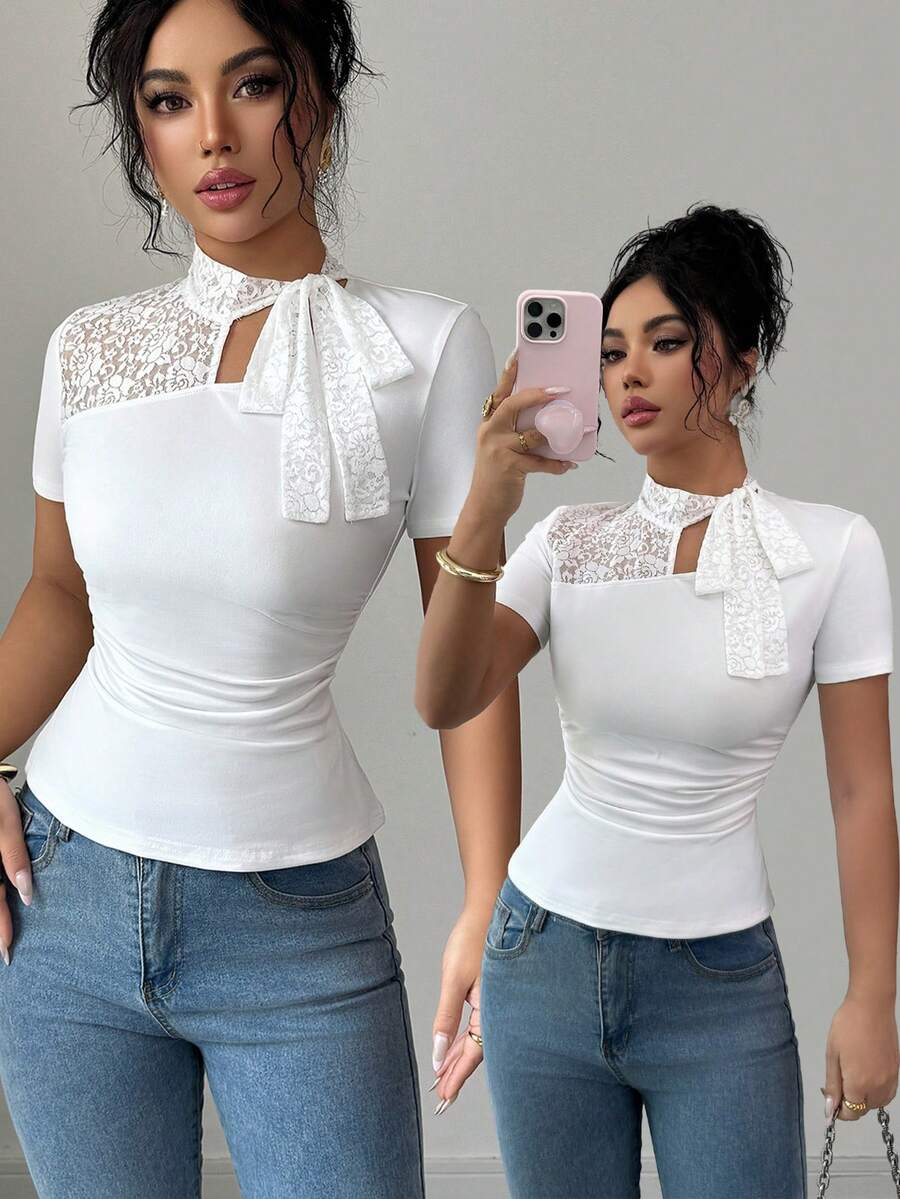 Elenzga Elegant Contrast Lace Hollow Bow Tie Short Sleeve T-Shirt - White - View 1