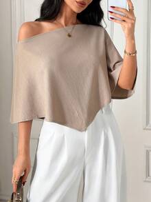 EURMUSE Poncho Top, Asymmetric Hemline, One-Shoulder Design, Lightweight Fabric, Relaxed Fit Silhouette, Minimalist Chic Style, Timeless Neutral Tone, Effortless Elegant Look - Camel - View 5