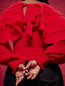 NYA SZN Langarm V-Ausschnitt Rüschen Schulter Detail figurbetonte rote Bluse, ideal für Frühlingspause, Reisen, Alltag, Lässig-Dates, Veranstaltungen, elegant - Rot - Übersicht 6