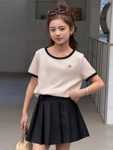 DAZY Tween Girls Round Neck Knit Heart Embroidery Contrast Color Short Sleeve T-Shirt Summer - Apricot - View 2