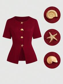 Sweetra Plus Size Metal Buckle Decor Waist Cinched Short Sleeve Jacket - Burgundy - View 1