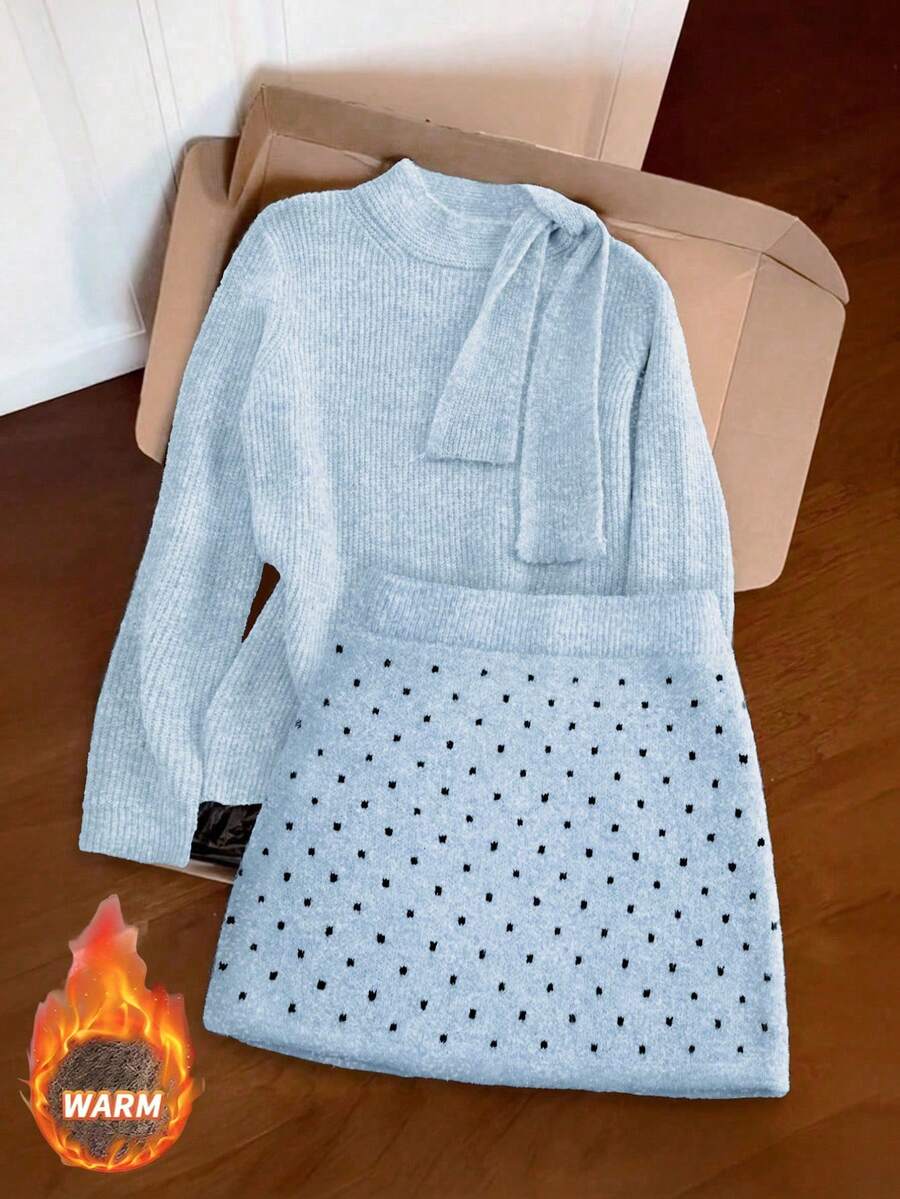 Franclia 女士优雅蝴蝶结长袖毛衣波点半裙两件套，秋冬款 - 淺藍色 - 查看 1
