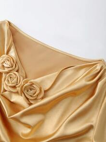 SHEIN Franclia قميص نسائي لامع، مناسب للحفلات، بتصميم أزهار ثلاثية الأبعاد، رقبة غير متماثلة مطوية، قميص جديد - الذهبي - مشاهدة 6