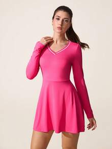 SHEIN Sovereign Charm 女士V领撞色滚边长袖收腰运动连衣裙 - 玫紅色 - 查看 3