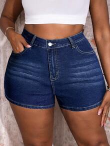 Slaydiva Quần short denim cỡ lớn, cạp cao, kiểu dáng thường ngày, đã giặt, in họa tiết cờ, quần short denim dáng ôm, quần short denim màu xanh đậm, phong cách Y2K mùa hè cho nữ, trang phục lễ hội mùa xuân, trang phục đi biển cho nữ, trang phục du lịch cho nữ. - Rửa tối - Xem 4