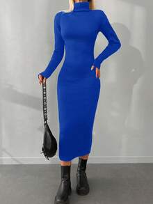 EURMUSE Solid High Neck Bodycon Sweater Dress Without Belt - Blue - View 3