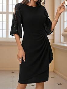 SHEIN Clasi Elegant Ruched Waist Rhinestone Embellished Casual Dress,Wedding Guest Dress Women For Women Black Wedding Guest Dress Black Elegant Dress Women Black Church Dress Elegant Midi Dress Outfit Party Black Sparkly Mesh Bell Sleeve Ruched Bodycon Dress Party Cocktail Evening Midi Dress Classy Elegant Dress Sparkly Black Dress Black Rhinestone Dress Black Dress Elegant Women's Black Sequin Sheer Bell Sleeve Cutout Ruched Midi Dress | Elegant Valentine's Day Going Out Party Summer Dress Modest Dress - Black - View 5