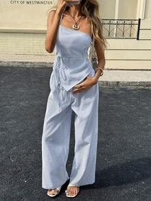 Siren Gaze Bộ đồ nữ phong cách nghỉ dưỡng thường ngày, họa tiết kẻ sọc, áo crop top buộc dây phía trước hở lưng và quần ống rộng, gồm 2 món, thích hợp cho mùa xuân/hè/thu. Bộ đồ ngủ nữ mùa hè thường ngày màu hồng, gồm áo không tay cổ tròn kẻ sọc và quần ống đứng thoải mái kẻ sọc, phù hợp mặc hàng ngày, thể thao, thu/đông, quần áo ấm áp mùa thu và mùa đông cho nữ. Bộ đồ nữ thời trang thường ngày kẻ sọc gồm 2 món: áo thun rộng vai rớt kẻ sọc và quần cạp chun kẻ sọc, bộ đồ len mùa đông, thu/đông, quần áo ấm áp mùa thu và mùa đông cho nữ. Bộ đồ màu xanh dương phong cách Y2K hở lưng cạp thấp ống rộng dáng suông màu xanh dương, thích hợp cho mùa xuân/hè. - Xanh và trắng - Xem 7