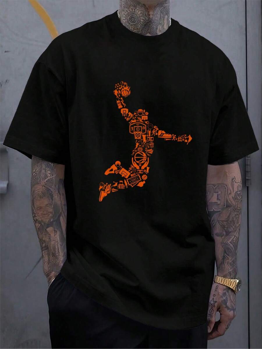 Versatile Baggy Short Sleeve T-Shirt With Fun Basketball Print, Ideal For Vacation, Work And Use - 黑色5 - 查看 1