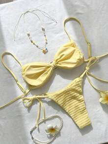 Swim Mod Women's Jacquard Fabric Spaghetti Strap Metal Shell Decor Bikini Set, Spring/Summer - Yellow - View 2