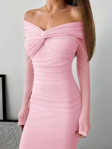 Aloruh Off Shoulder Romantic Date Dress With Mesh, Twist Knot, Ruched Detail, Long Sleeve ,Summer Dress - Baby Pink - View 7