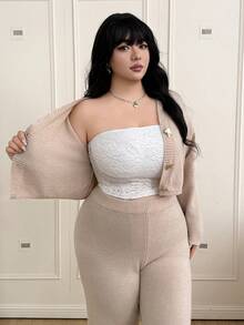 Comfortcana Conjunto informal de 2 piezas de talla grande para mujer, compuesto por un cárdigan de punto de manga larga con hombros caídos y pantalones de punto, para otoño/invierno - Caqui - Ver 14