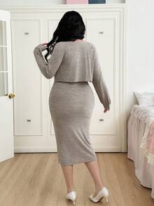 SHEIN EZwear Bodycon-Kleid in Große Größen für Damen mit Oberschenkel-hohem Schlitz und offener Vorderseite Strickjacke - Khaki - Übersicht 4