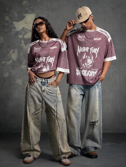 SHEIN How to Train Your Dragon 1件/男女通用休闲时尚街头卡通字母图案撞色宽松T恤，夏季