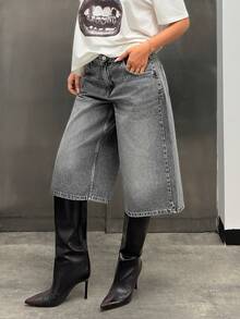 EURMUSE GREY LOW WAIST BAGGY BERMUDA JORT SHORTS Cowboy Work Gray Jeans Cowgirl Jeans Wide Leg Baggy Jeans Y2k Oversized Jeans Jeans Women Baggy Rodeo Cropped Jeans Baggy Jeans Women Womens Jeans Loose Jeans Wide Leg Jeans Streetwear - Grey - View 4