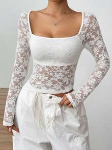 SHEIN EZwear Fashionable Sexy Open Collar Long Sleeve Lace Blouse For Women - White - View 3