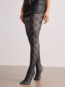 ROMWE Avant 1 đôi tất lưới ren hoa gợi cảm, quần tất đen kiểu retro, tất mỏng và co giãn trong suốt. - Ngôi sao bất đối xứng màu đen - Xem 4