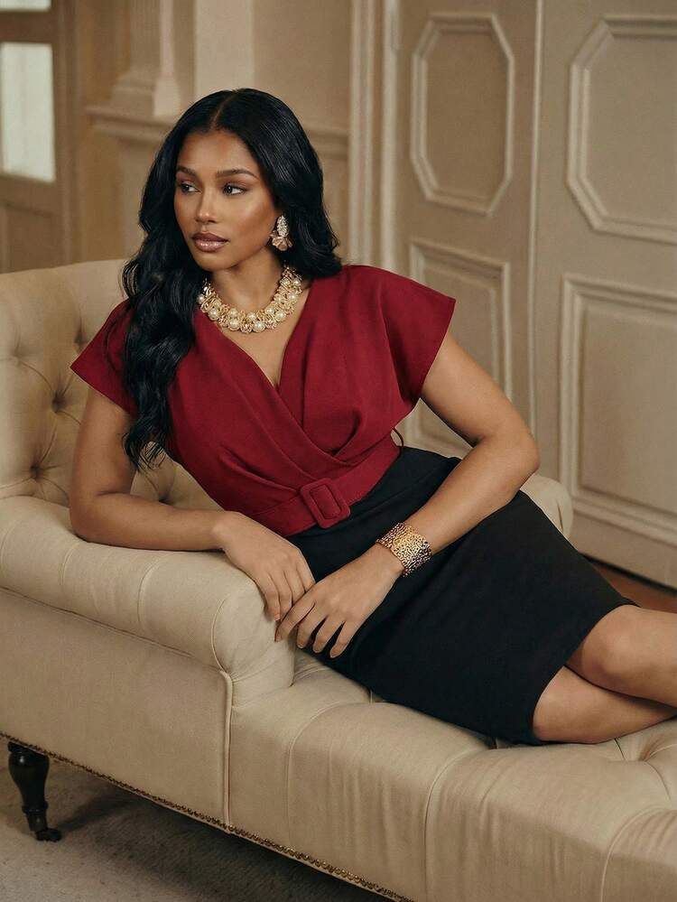 Women's Sexy & Elegant Burgundy Color Block Stretchy Bodycon Skirt, Suitable For Christmas, New Year Party