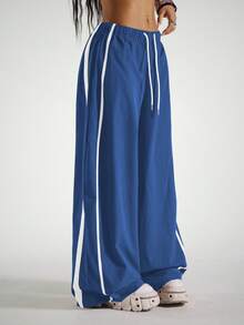 StreetHx 女士撞色弹力腰抽绳休闲宽松运动筒裤 - 寶藍色 - 查看 3
