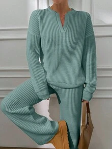 EURMUSE V Neck Sweater And Pant Casual Elegant - Mint Green - View 3