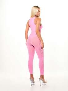 SUMWON WOMEN Seamless Halter Neck Full Length Pink Unitard With Lace Panel Cut Out Front Detail Rose Pattern Bodysuit - Hot Pink - View 2