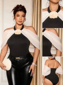 Cravure Stunning Plus Size Halter Cold Shoulder Bodysuit With Floral Detail And Contrast Mesh, Party Top - Black - View 1