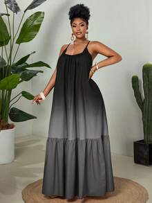 Eryvara 女士休闲度假沙滩旅行吊带圆领彩色扎染印花波西米亚风拼接A字荷叶边长裙，适合所有季节 - 灰色 - 查看 1