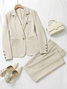 Franclia Solid Color Lapel Collar Long Sleeve Minimalist Versatile Suit Set Business Casual Sets Women's Suits Blazer Pants Set - Apricot - View 1