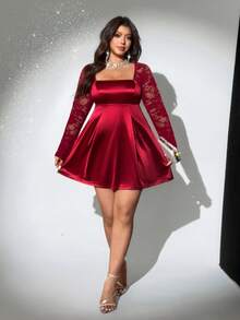 Viva Relle 大码女士优雅派对可爱甜美性感蕾丝拼接长袖褶皱腰A字迷你连衣裙，鸡尾酒会礼服，蕾丝连衣裙，彩排晚宴礼服，甜美风格，缎面毕业礼服，浪漫连衣裙，派对装扮，高端优雅，时尚春夏秋季，派对必备鸡尾酒会礼服，正式女士蕾丝袖连衣裙，优雅连衣裙，蕾丝迷你连衣裙 - 酒紅色 - 查看 5