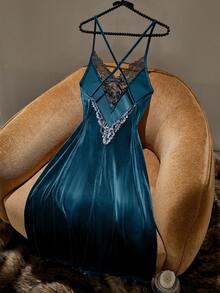 SilkySpell 女士性感丝绒撞色蕾丝露背交叉绑带睡裙 - 藍色 - 查看 3