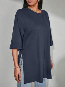 EURMUSE Solid Drop Shoulder Split Hem Tee - Navy Blue - View 4