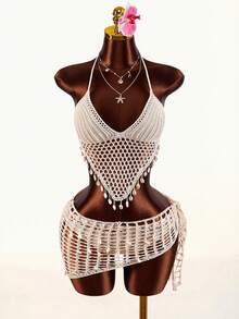 Amplova Set de 3 piezas: Vestido mini envolvente de crochet con escote halter y espalda descubierta - Albaricoque - Ver 8