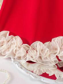 SHEIN Elegant & Cute Red Organza Patchwork Bow Decor Baby Girl Dress - Red - View 4